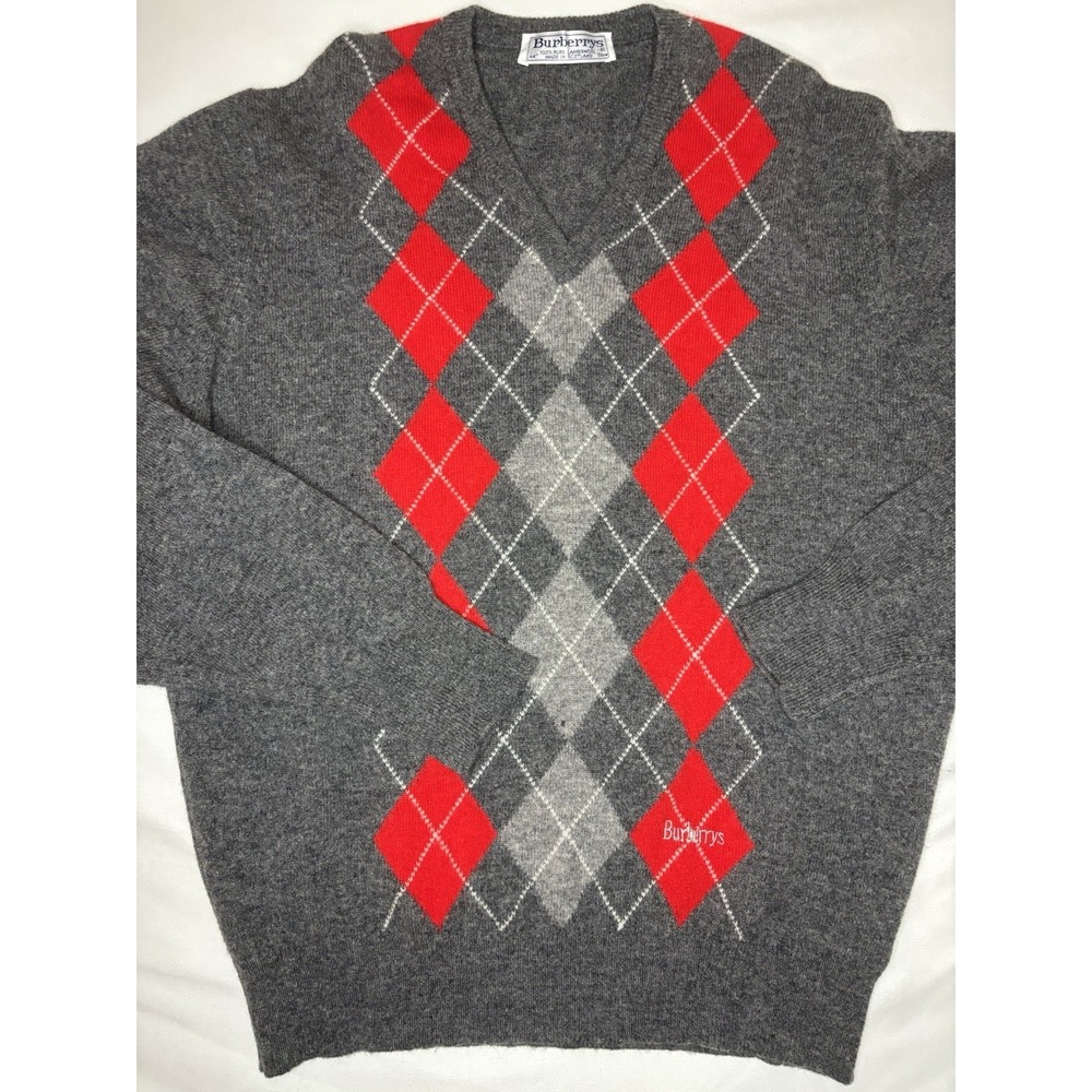 Vintage Burberrys 100% Pure Lambswool Argyle V-Neck Sweater 44 Scotland READ!